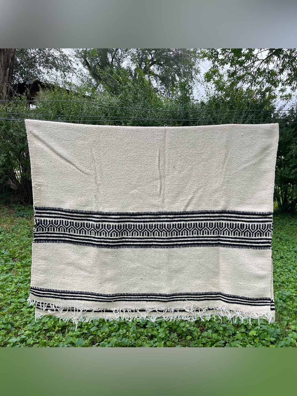 Vtg Mexican Falsa Blanket Textiles Black White Aztec Southwestern Wool 49”x76"